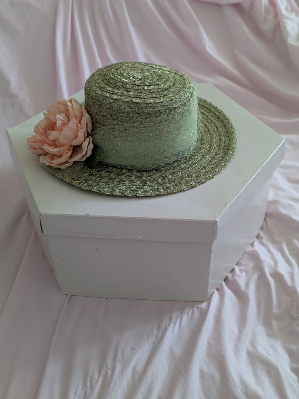 Andrea Carroll Green Straw Flower Boater Hat